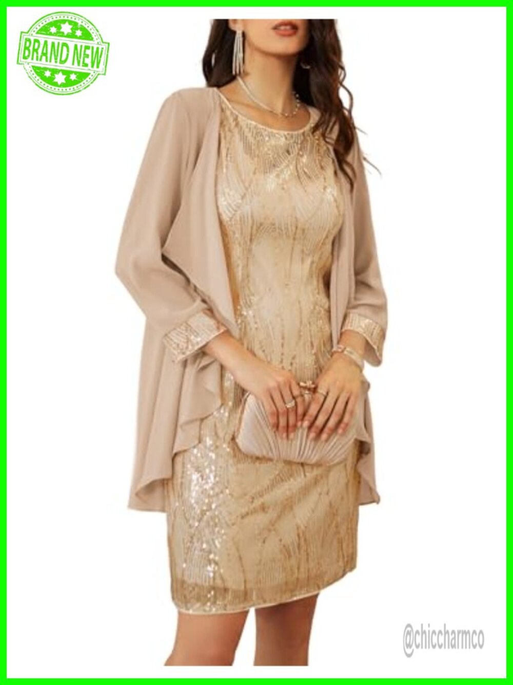Sequin Two Piece Jacket Dress with Chiffon Overlay